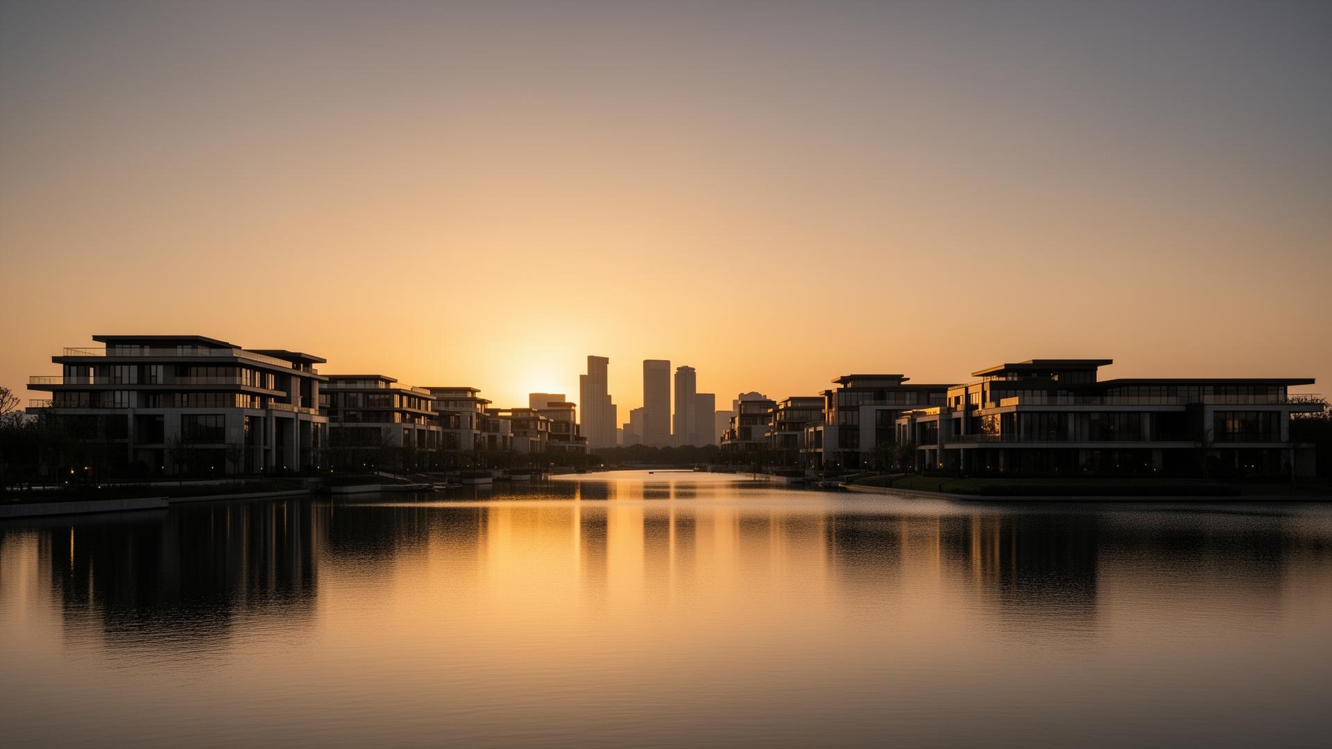 Beyond waterfront community at dusk